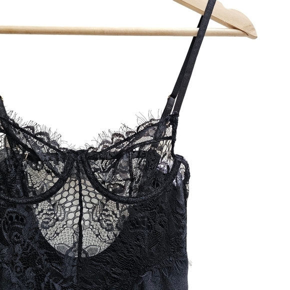 Black Lace Chemise Slip with Sheer Top and Solid Bottom, Size Extra Small - Picture 3 of 10